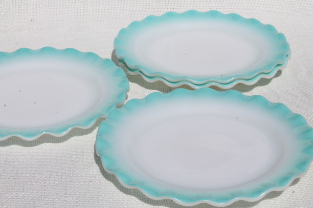 photo of vintage Hazel Atlas crinoline aqua blue ripple milk glass luncheon / salad plates #3