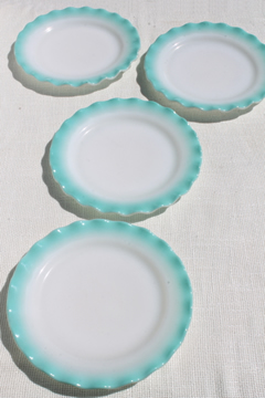 catalog photo of vintage Hazel Atlas crinoline aqua blue ripple milk glass luncheon / salad plates