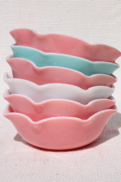 photo of vintage Hazel Atlas crinoline pink & aqua ripple milk glass bowls or dessert dishes #1