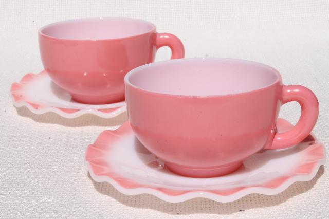 photo of vintage Hazel Atlas crinoline pink ruffle ripple milk glass cups & saucers #1