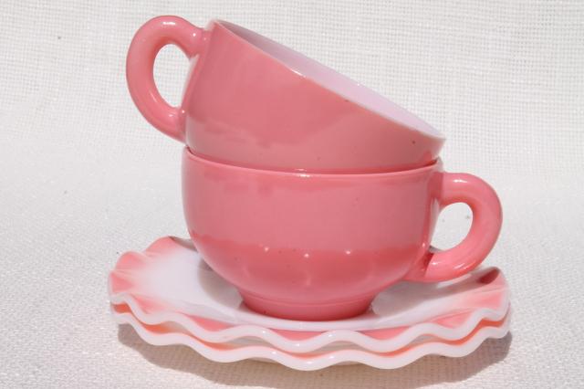 photo of vintage Hazel Atlas crinoline pink ruffle ripple milk glass cups & saucers #2