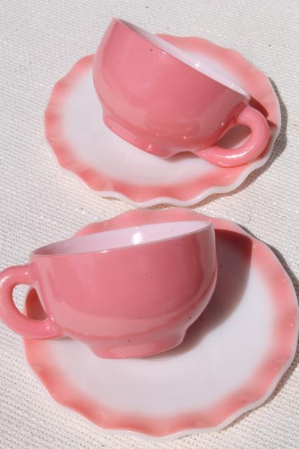 photo of vintage Hazel Atlas crinoline pink ruffle ripple milk glass cups & saucers #3