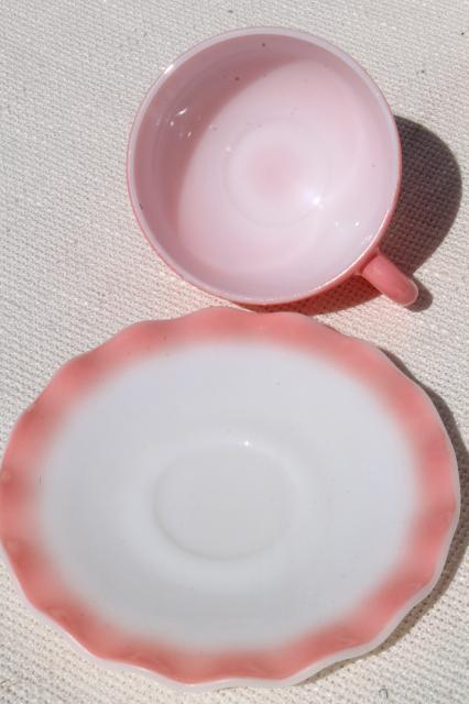 photo of vintage Hazel Atlas crinoline pink ruffle ripple milk glass cups & saucers #4