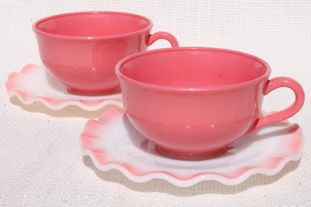 photo of vintage Hazel Atlas crinoline pink ruffle ripple milk glass cups & saucers #2