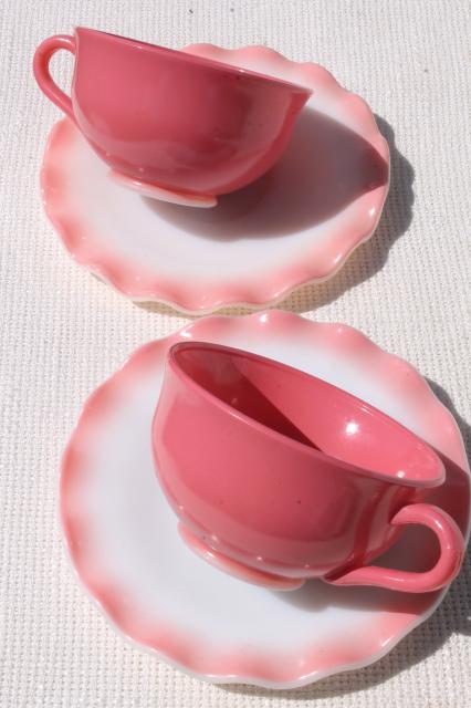 photo of vintage Hazel Atlas crinoline pink ruffle ripple milk glass cups & saucers #3