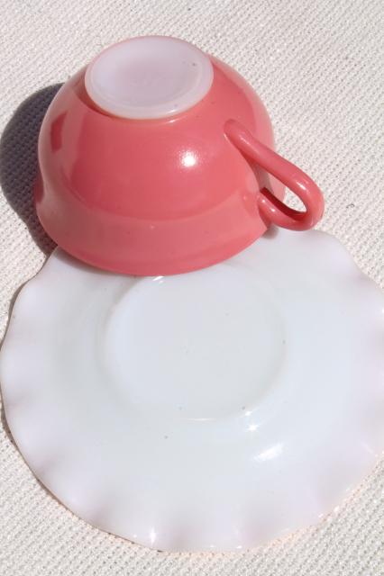 photo of vintage Hazel Atlas crinoline pink ruffle ripple milk glass cups & saucers #5