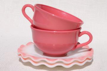 catalog photo of vintage Hazel Atlas crinoline pink ruffle ripple milk glass cups & saucers