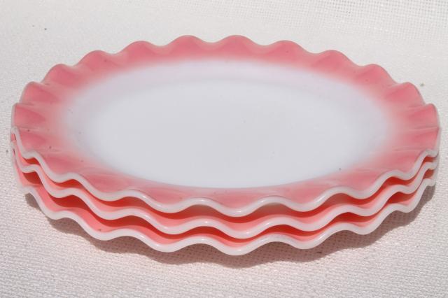 photo of vintage Hazel Atlas crinoline pink ruffle ripple milk glass luncheon / salad plates #6