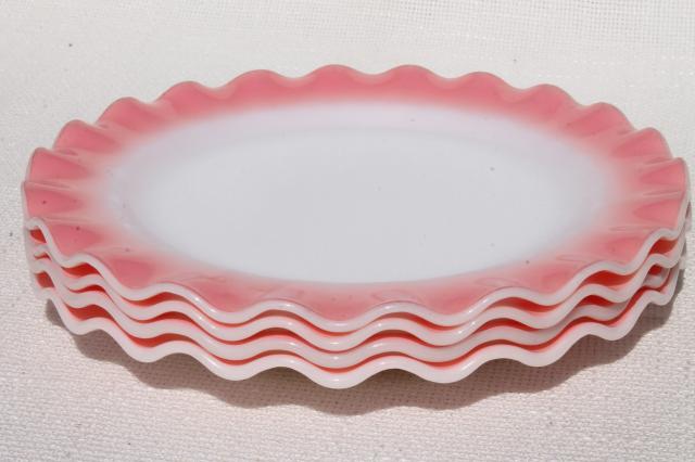 photo of vintage Hazel Atlas crinoline pink ruffle ripple milk glass luncheon / salad plates #3