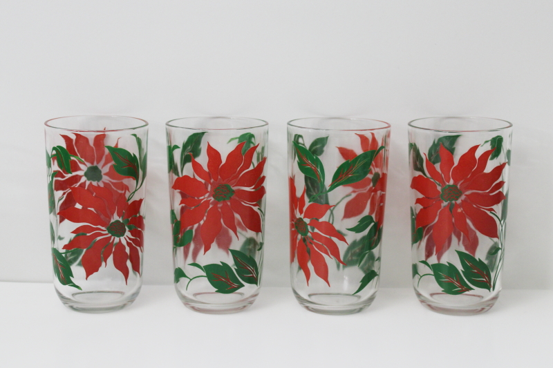 photo of vintage Hazel Atlas glass Christmas drinking glasses, red poinsettia print tumblers #1