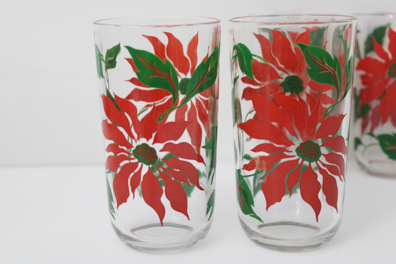 photo of vintage Hazel Atlas glass Christmas drinking glasses, red poinsettia print tumblers #2