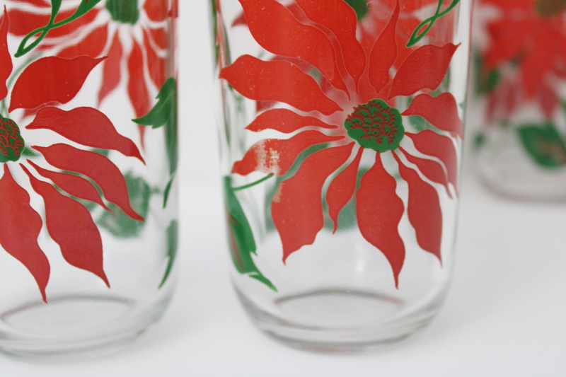 photo of vintage Hazel Atlas glass Christmas drinking glasses, red poinsettia print tumblers #3