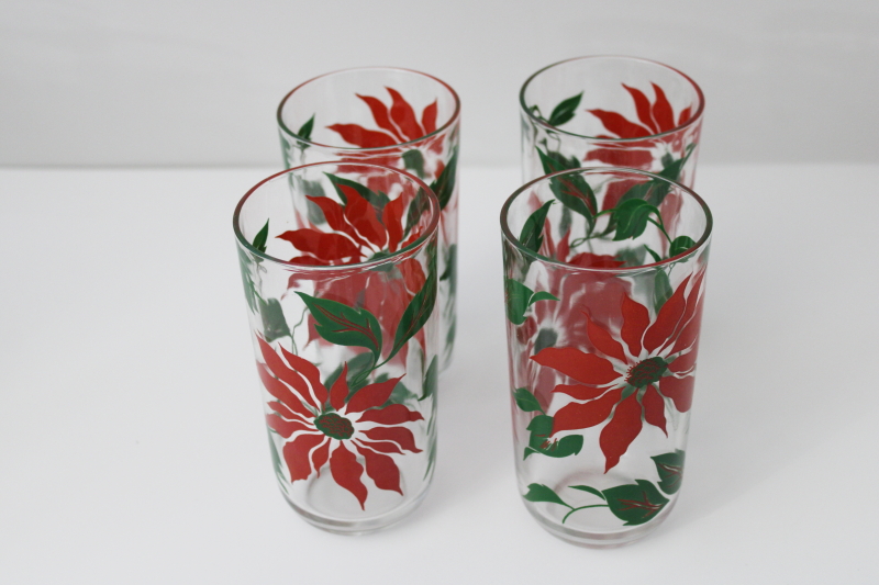 photo of vintage Hazel Atlas glass Christmas drinking glasses, red poinsettia print tumblers #4