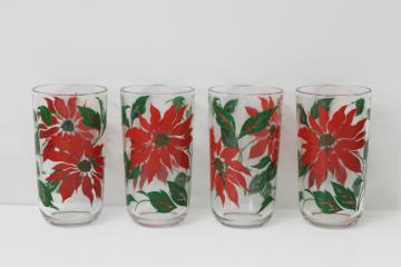 catalog photo of vintage Hazel Atlas glass Christmas drinking glasses, red poinsettia print tumblers