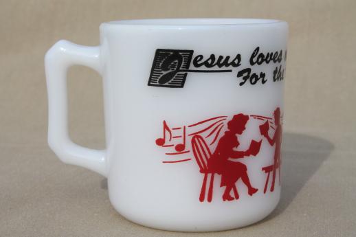 photo of vintage Hazel Atlas glass mug, child's cup w/ Sunday School silhouettes, Jesus Loves Me #1