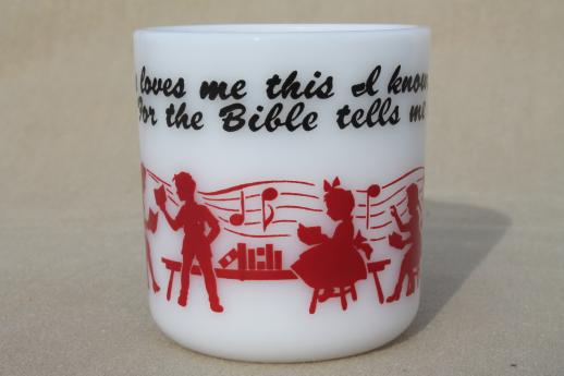 photo of vintage Hazel Atlas glass mug, child's cup w/ Sunday School silhouettes, Jesus Loves Me #2