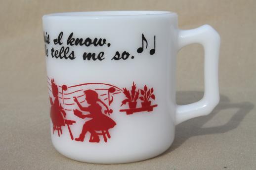 photo of vintage Hazel Atlas glass mug, child's cup w/ Sunday School silhouettes, Jesus Loves Me #3