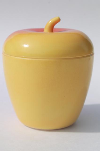 photo of vintage Hazel Atlas glass red & yellow apple milk glass jam pot jelly jar #2