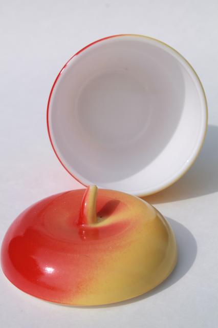 photo of vintage Hazel Atlas glass red & yellow apple milk glass jam pot jelly jar #4