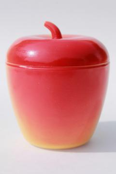 catalog photo of vintage Hazel Atlas glass red & yellow apple milk glass jam pot jelly jar