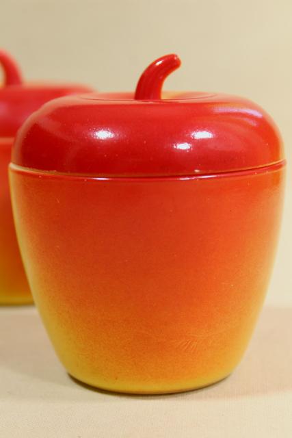 photo of vintage Hazel Atlas milk glass apple jelly jar set, two jars red & yellow apples for jam #3