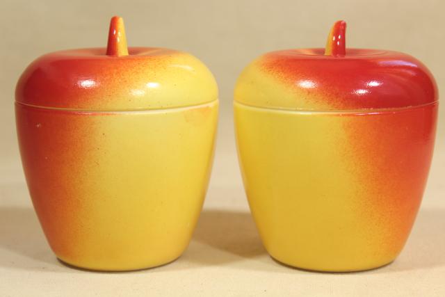 photo of vintage Hazel Atlas milk glass apple jelly jar set, two jars red & yellow apples for jam #7