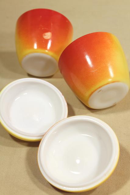 photo of vintage Hazel Atlas milk glass apple jelly jar set, two jars red & yellow apples for jam #9