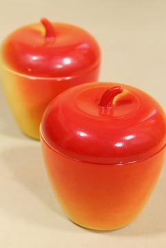 catalog photo of vintage Hazel Atlas milk glass apple jelly jar set, two jars red & yellow apples for jam