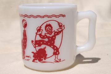 catalog photo of vintage Hazel Atlas milk glass children's mug, baby cup w/ red & white circus print pattern