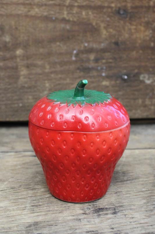 photo of vintage Hazel Atlas milk glass red strawberry jam pot, jar w/ lid #1