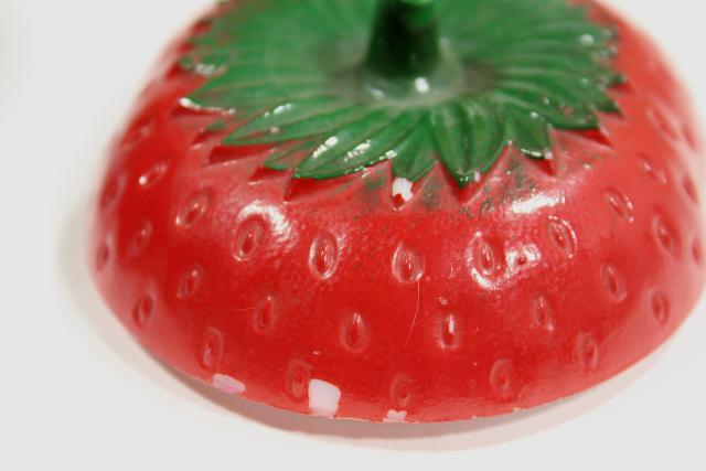 photo of vintage Hazel Atlas milk glass strawberry jam pot set, two jars red strawberries #2