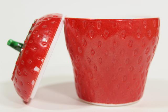 photo of vintage Hazel Atlas milk glass strawberry jam pot set, two jars red strawberries #7