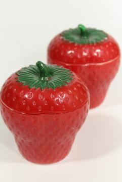 catalog photo of vintage Hazel Atlas milk glass strawberry jam pot set, two jars red strawberries
