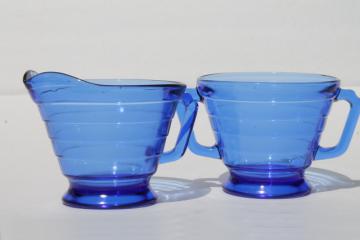 catalog photo of vintage Hazel Atlas moderntone depression glass, cobalt blue cream & sugar set