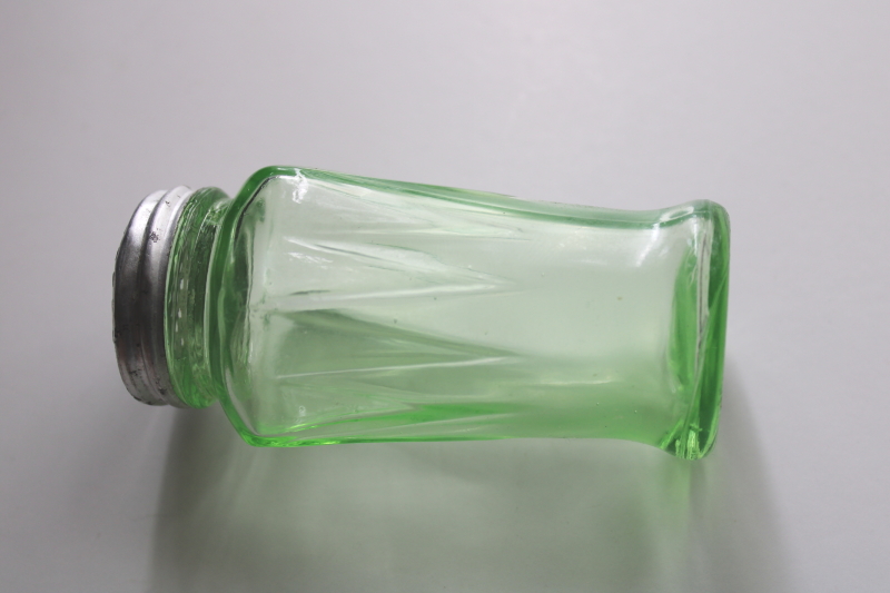 photo of vintage Hazel Atlas uranium green depression glass shaker jar, metal lid salt or pepper  #2