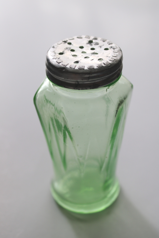 photo of vintage Hazel Atlas uranium green depression glass shaker jar, metal lid salt or pepper  #6