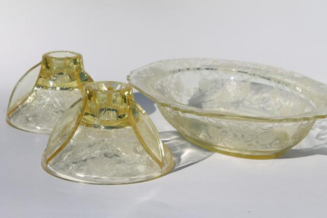 photo of vintage Hazel Atlas yellow depression glass Florentine poppy oval bowl & candle holders pair #1