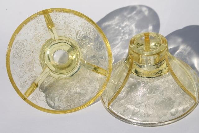 photo of vintage Hazel Atlas yellow depression glass Florentine poppy oval bowl & candle holders pair #2