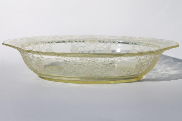 photo of vintage Hazel Atlas yellow depression glass Florentine poppy oval bowl & candle holders pair #3