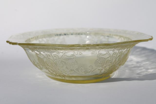 photo of vintage Hazel Atlas yellow depression glass Florentine poppy oval bowl & candle holders pair #4