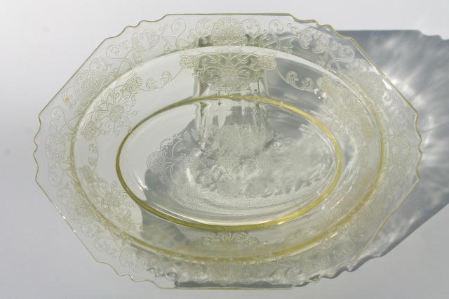 photo of vintage Hazel Atlas yellow depression glass Florentine poppy oval bowl & candle holders pair #5