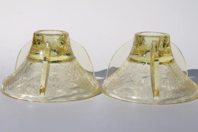 photo of vintage Hazel Atlas yellow depression glass Florentine poppy oval bowl & candle holders pair #9