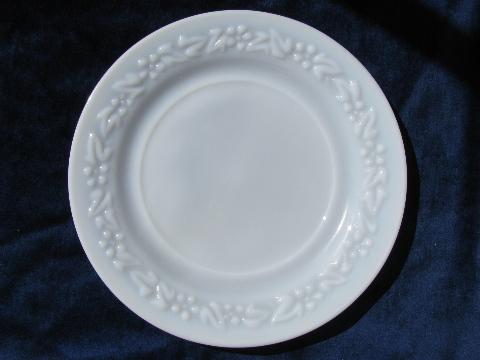 photo of vintage Hazel-Atlas milk white glass dishes, vitrock type embossed floral border #2
