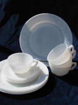 catalog photo of vintage Hazel-Atlas milk white glass dishes, vitrock type embossed floral border