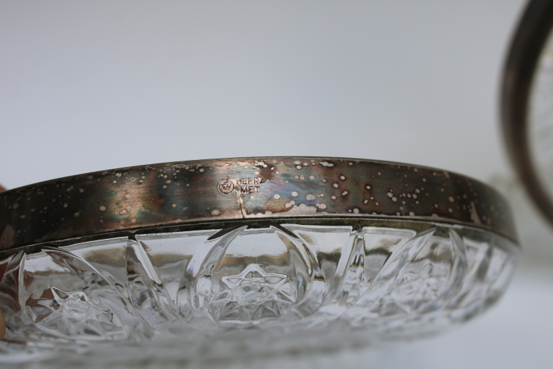 photo of vintage Hefra Poland crystal candy dishes, small trays or wine bottle coasters silver rimmed  #2