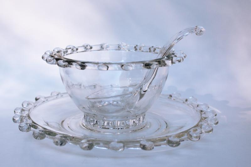 photo of vintage Heisey Lariat pattern mayonnaise bowl or sauce dish w/ glass ladle spoon #1