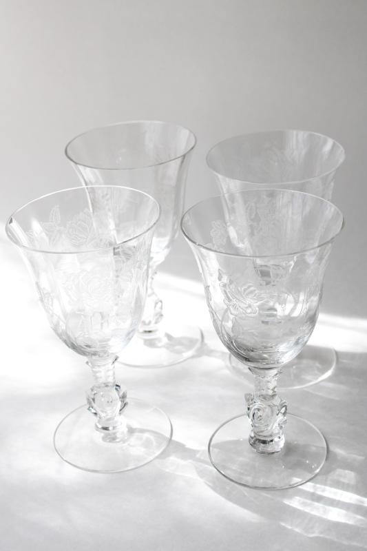 photo of vintage Heisey rose stem etched roses floral water goblets or wine glasses #3