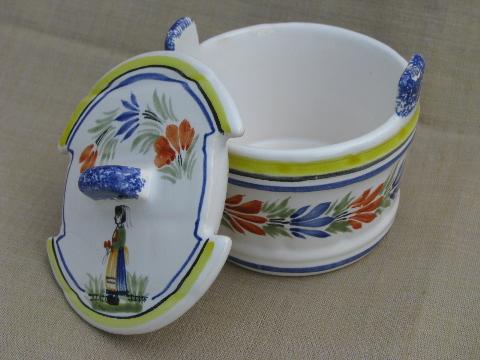 photo of vintage Henriot - Quimper handpainted butter bucket covered round dish #1