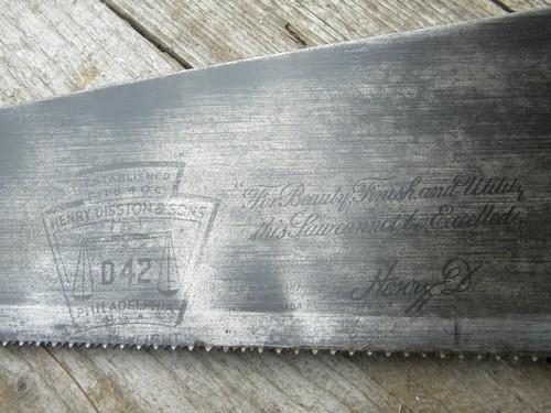 photo of vintage Henry Disston and Sons D42 hand saw w/ brass nuts and etched blade #2