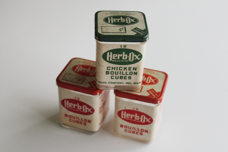 photo of vintage Herb Ox bouillon cubes boxes w/ red & green labels, collectible advertising soup spice jars  #1